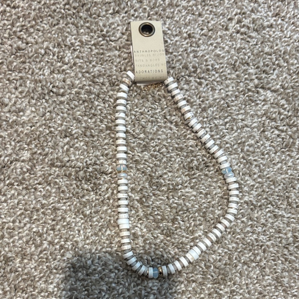 Anthropologie White and Light Blue Disc Bead Necklace with Metallic Accents